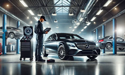 DALL·E 2025-02-09 02.54.32 - A high-end Mercedes-Benz car being serviced at a professional auto repair garage. The scene includes a mechanic in uniform using advanced diagnostic t